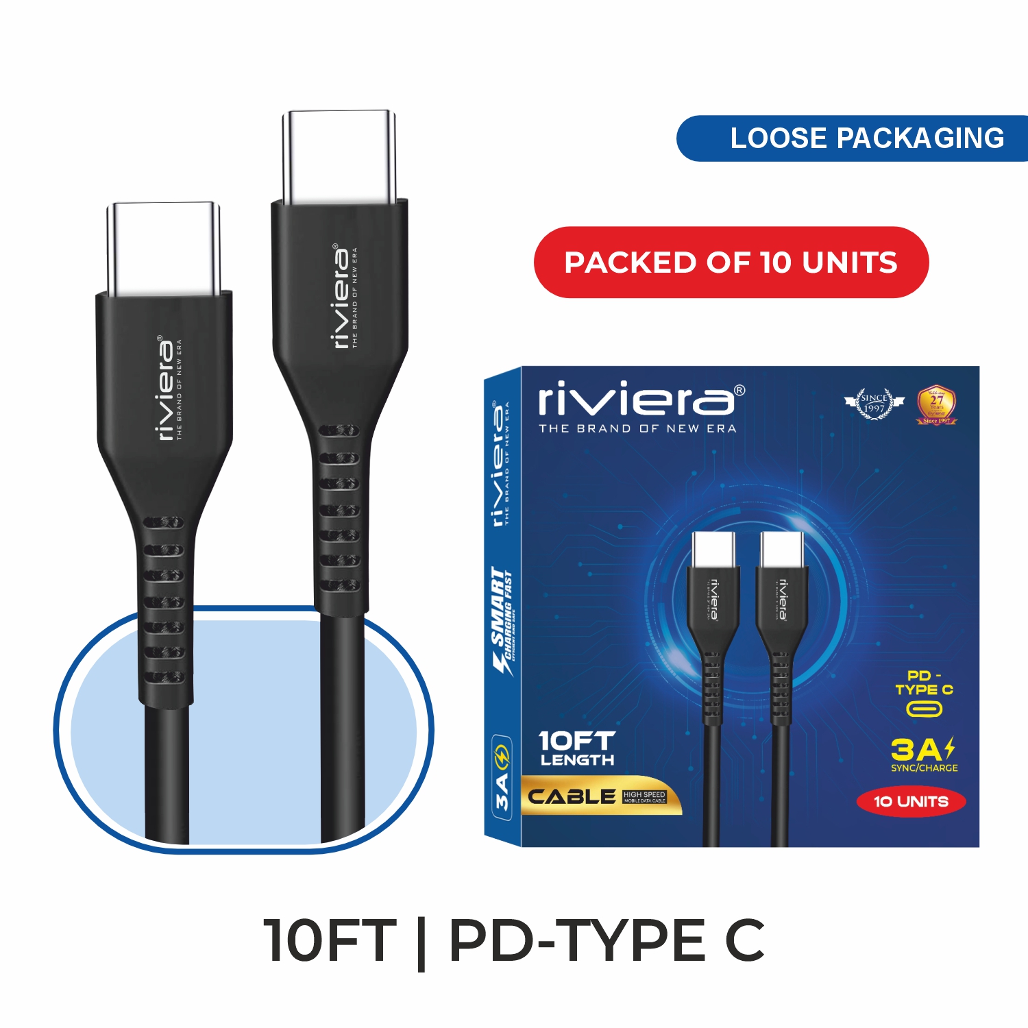 Loose (Pack of 10) Counter Box - 10FT Fast Charging Cable [Type C - Type C (PD)] - Black (12)